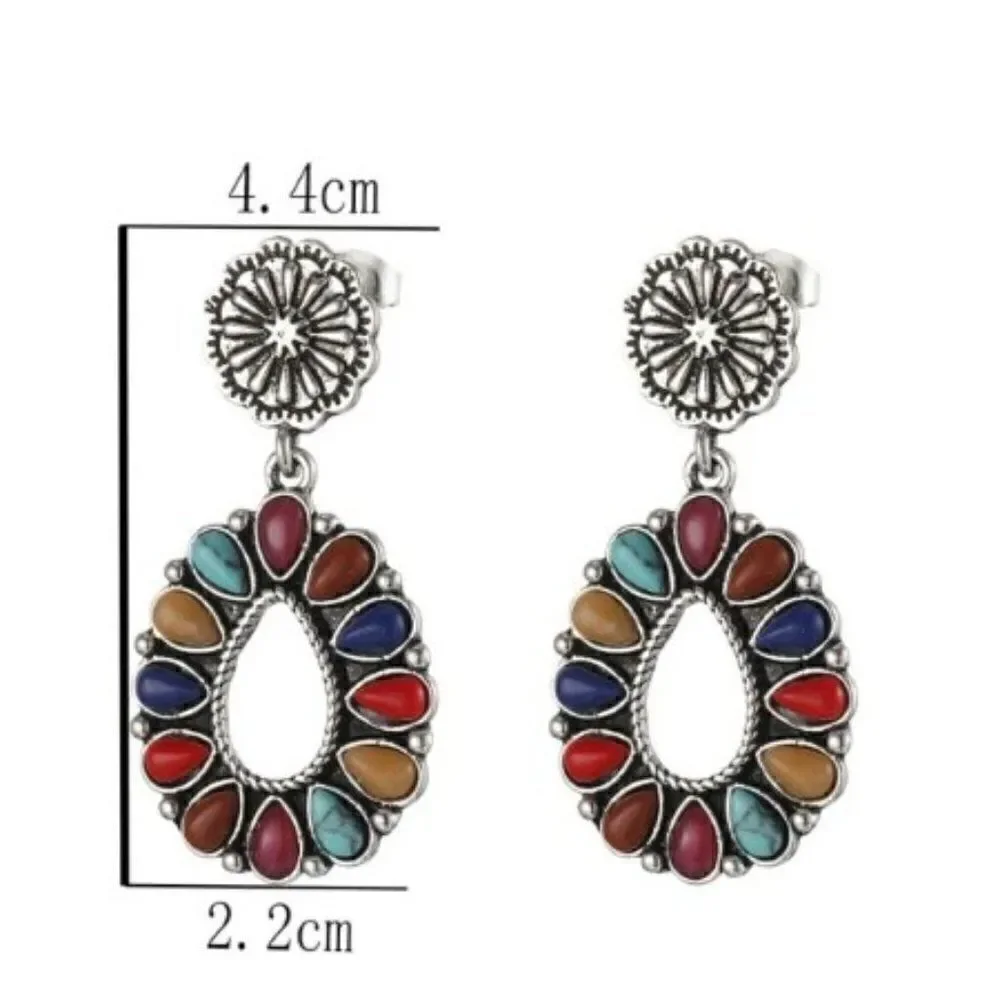 MULTICOLORED SILVER SANTA FE STYLE WATER DROP EARRINGS